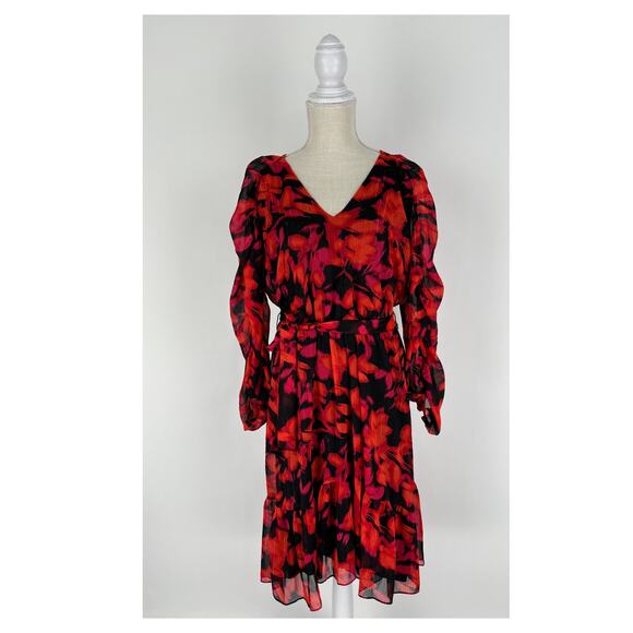 Calvin Klein Womens Floral 3/4 Sleeve V Neck Mini Dress Size Medium Red New - Picture 1 of 10